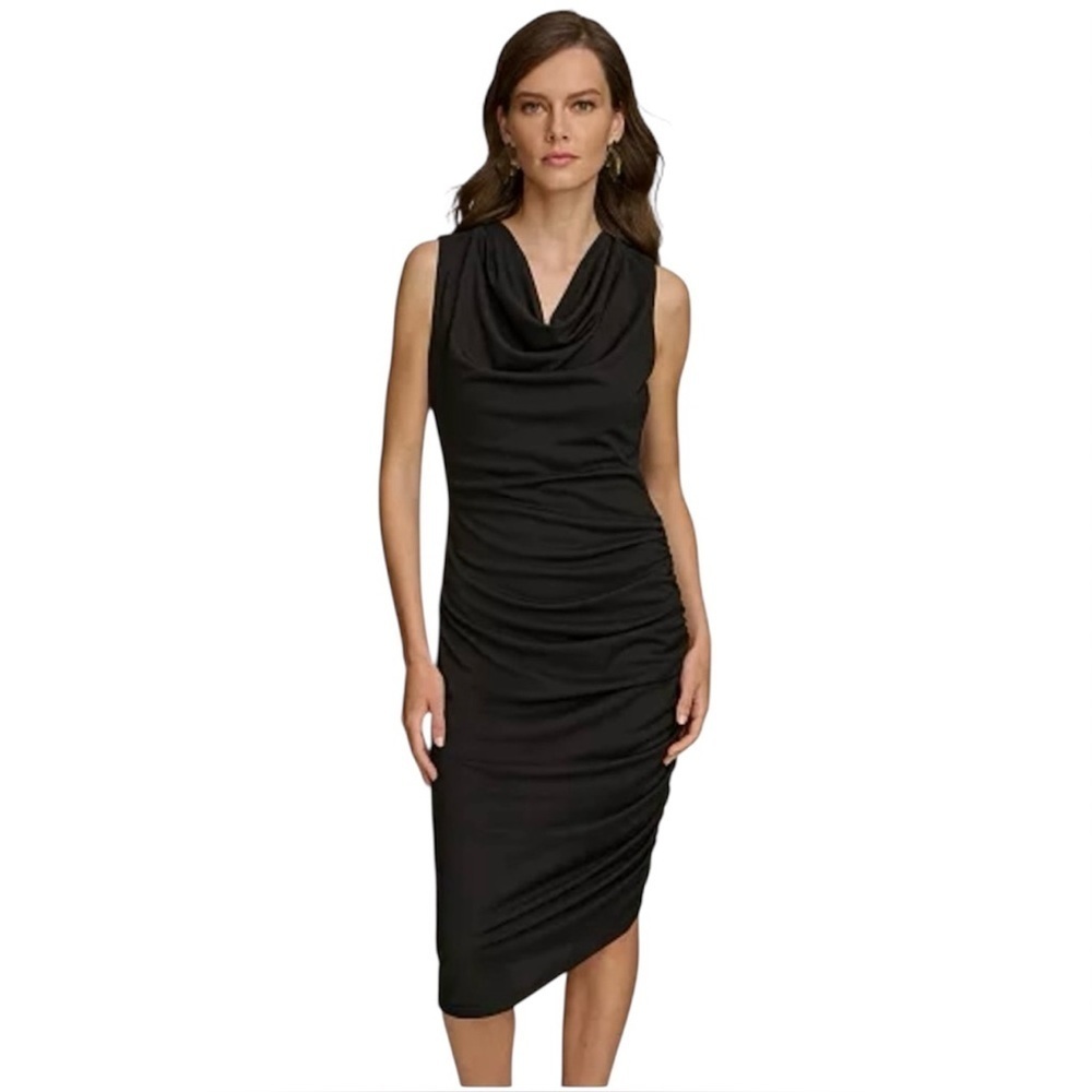 Venus Gray Cowl Neck Ruched Midi Dress Sleeveless Bodycon Cocktail Date Night XS
